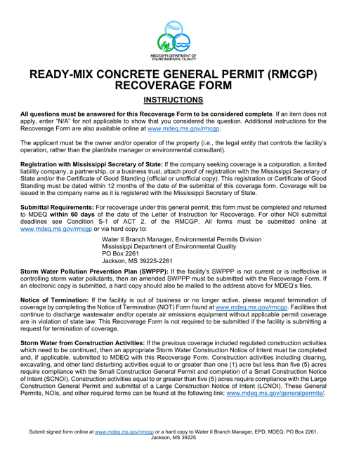 Ready-Mix Concrete Recoverage Form - Mississippi