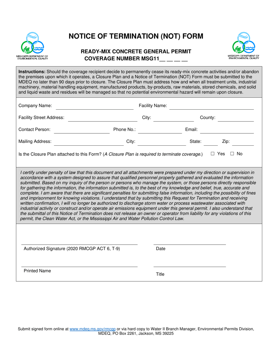 Ready-Mix Concrete General Permit - Notice of Termination (Not) Form - Mississippi, Page 1