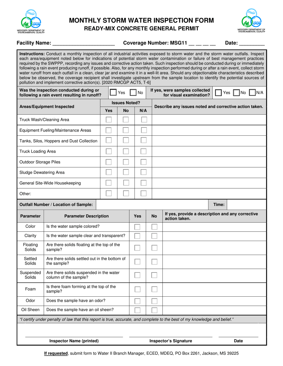 Ready-Mix Concrete General Permit - Monthly Storm Water Inspection Form - Mississippi, Page 1