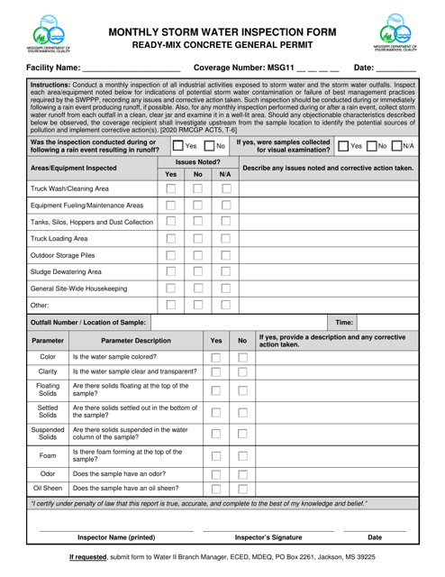 Ready-Mix Concrete General Permit - Monthly Storm Water Inspection Form - Mississippi