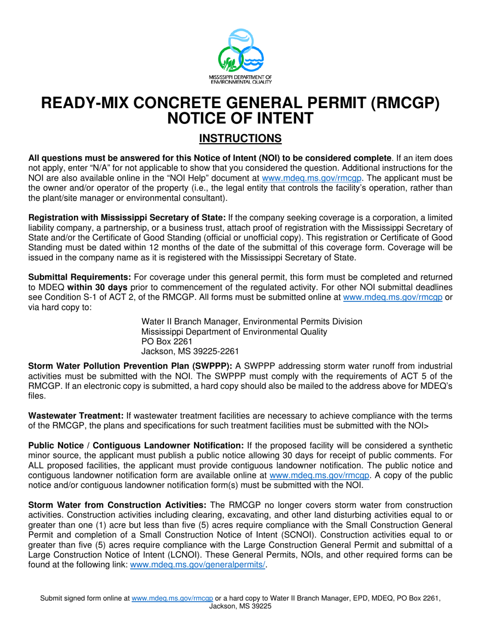 Ready-Mix Concrete General Permit (Rmcgp) Notice of Intent - Mississippi, Page 1