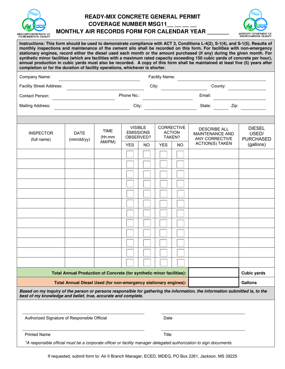 Ready-Mix Concrete General Permit - Monthly Air Records Form - Mississippi, Page 1