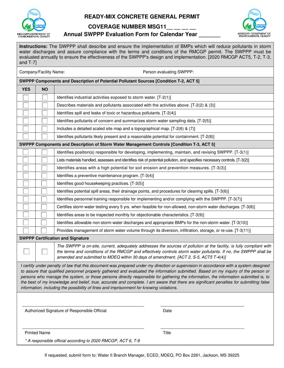 Ready Mix Concrete General Permit - Annual Swppp Evaluation Form - Mississippi, Page 1