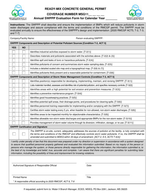 Ready Mix Concrete General Permit - Annual Swppp Evaluation Form - Mississippi Download Pdf