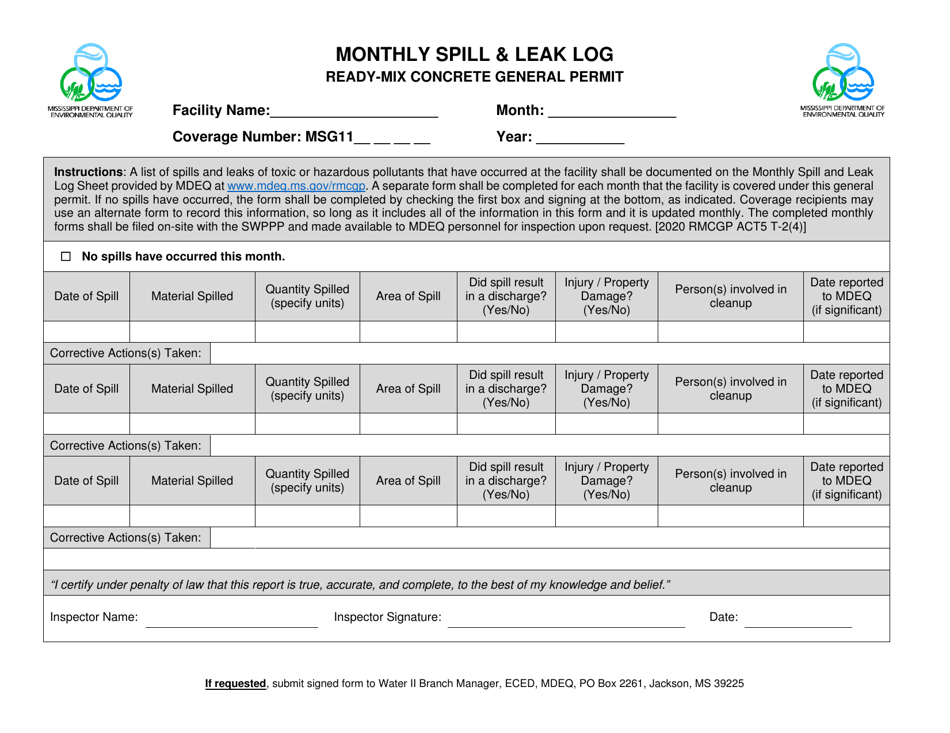 Ready Mix Concrete General Permit - Monthly Spill and Leak Log Sheet - Mississippi, Page 1