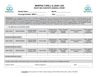 Document preview: Ready Mix Concrete General Permit - Monthly Spill and Leak Log Sheet - Mississippi