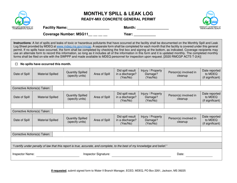 Ready Mix Concrete General Permit - Monthly Spill and Leak Log Sheet - Mississippi