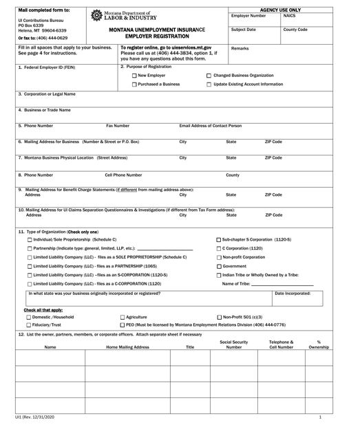 Form UI1 Montana Unemployment Insurance Employer Registration - Montana