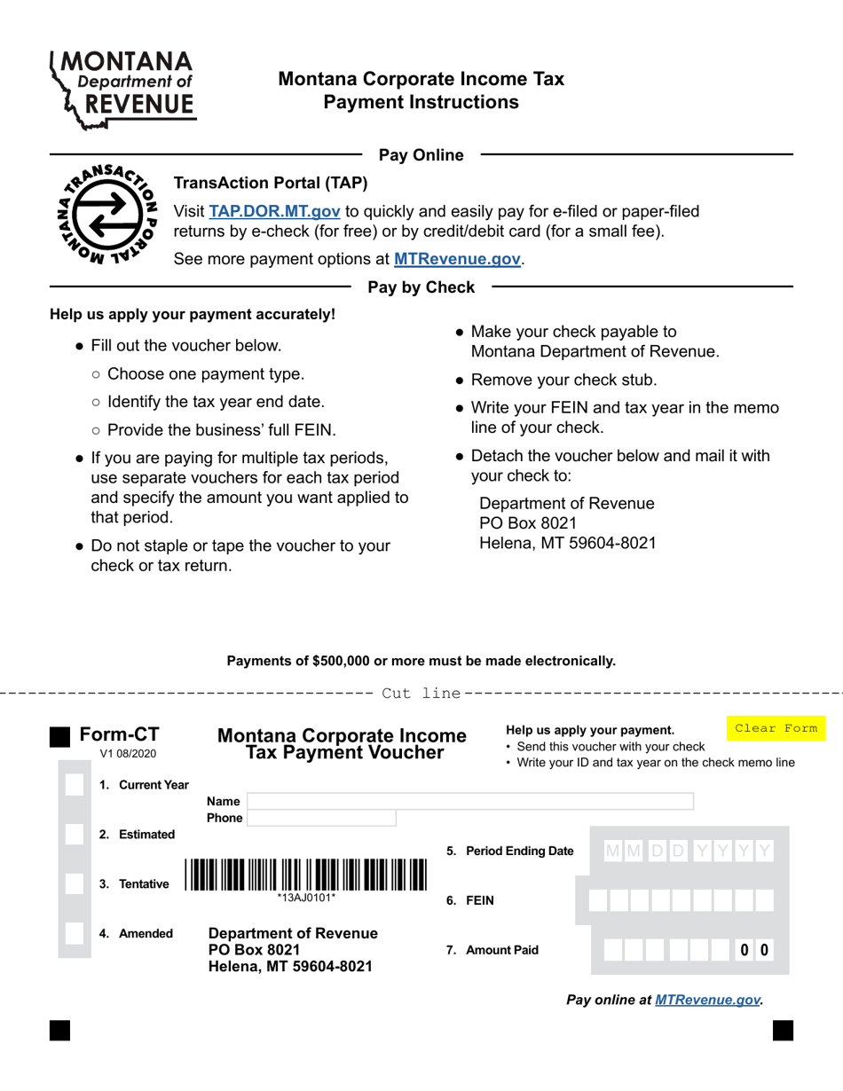 Form CT Montana Corporate Income Tax Payment Voucher - Montana, Page 1