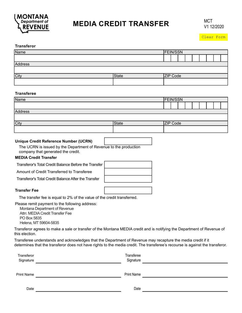 Form MCT Media Credit Transfer - Montana, Page 1