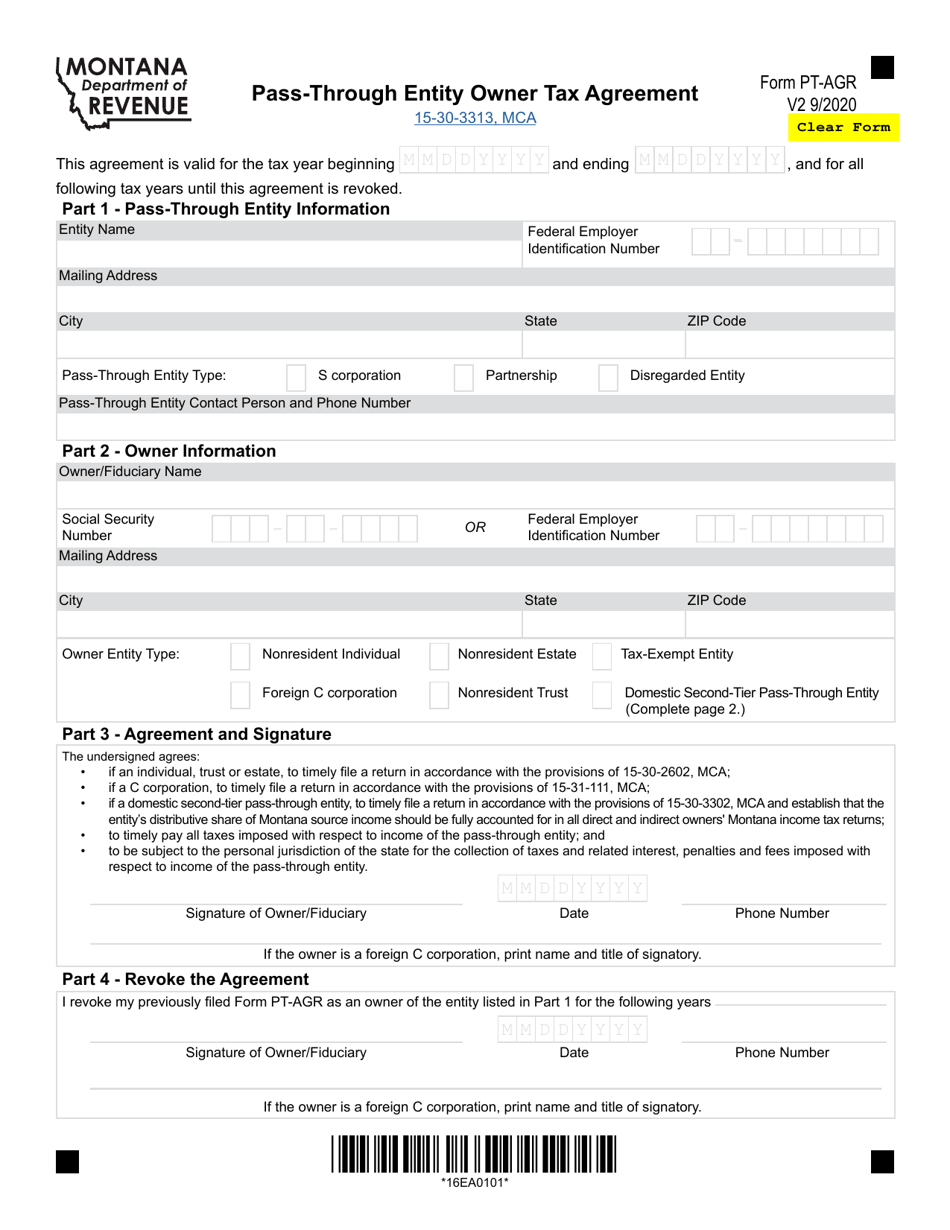 Form PT-AGR Pass-Through Entity Owner Tax Agreement - Montana, Page 1