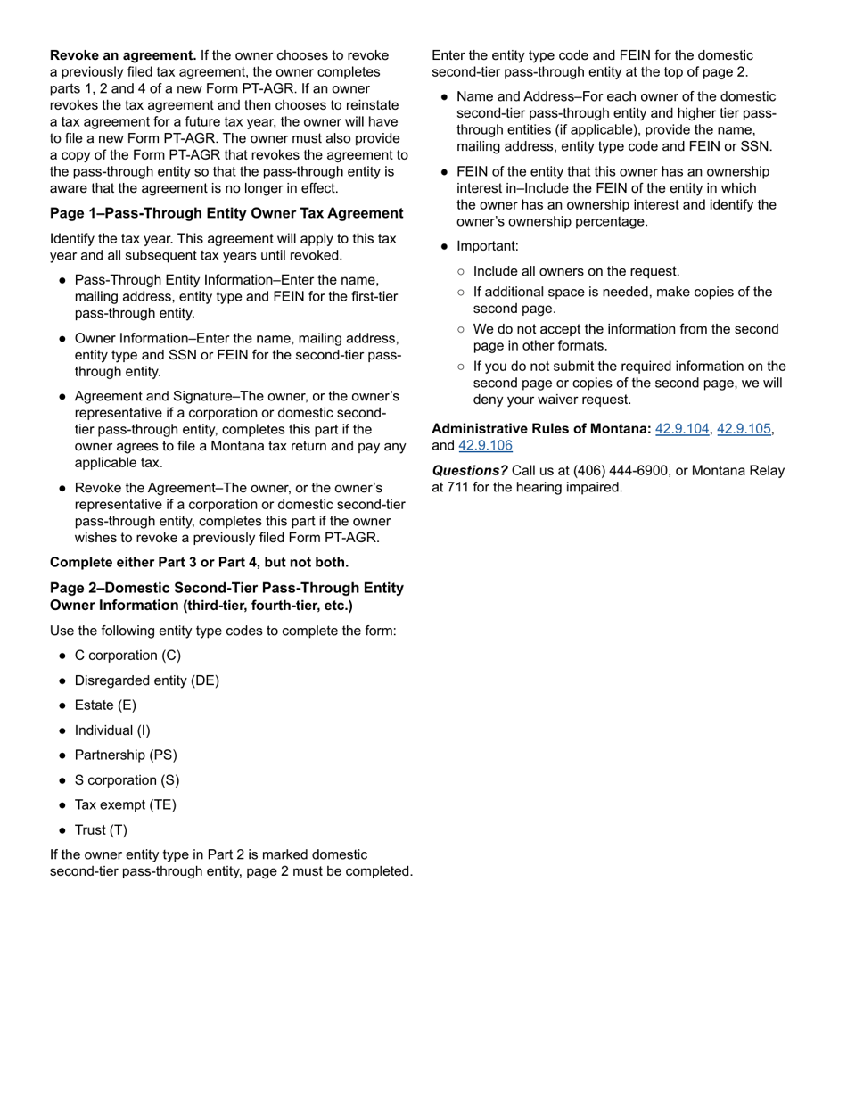 Form PT-AGR Pass-Through Entity Owner Tax Agreement - Montana, Page 4