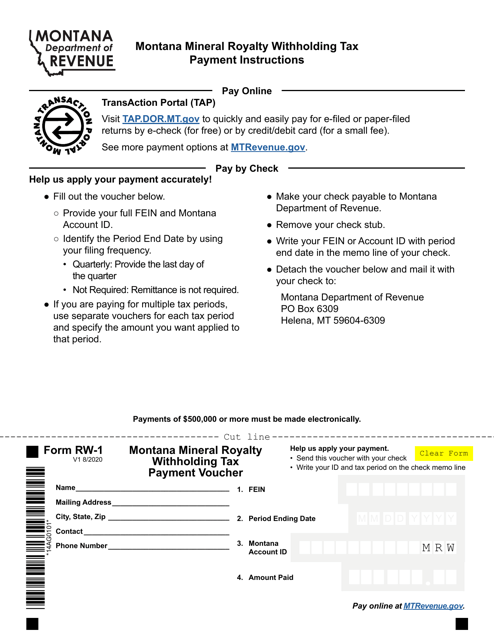 Form RW-1 Montana Mineral Royalty Withholding Tax Payment Voucher - Montana