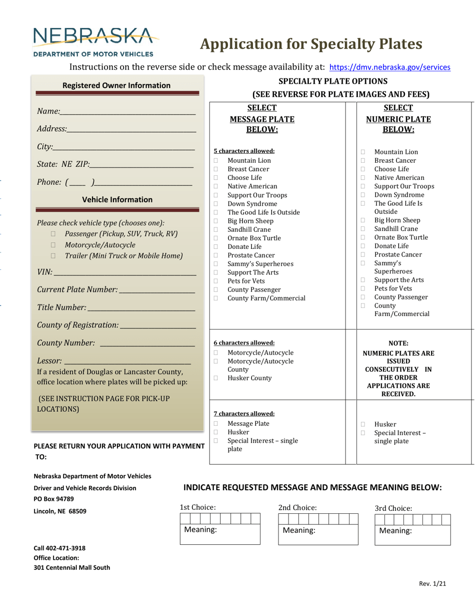 Nebraska Application for Specialty Plates Download Printable PDF Templateroller