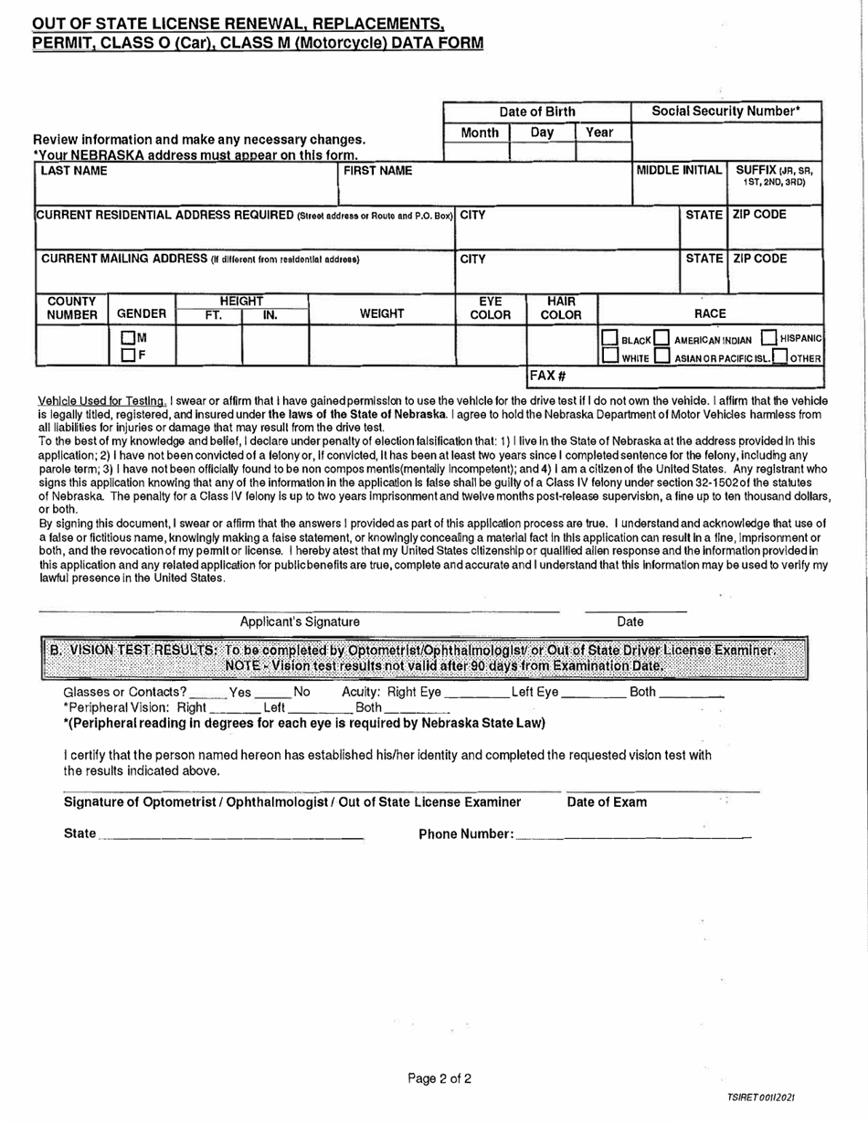 Out of State License Renewal. Replacements, Permit, Class O (Car), Class M (Motorcycle) Data Form - Nebraska, Page 2