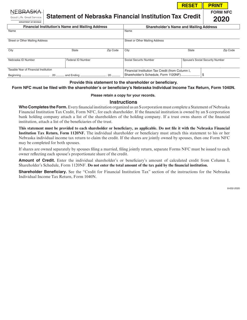 Form NFC Statement of Nebraska Financial Institution Tax Credit - Nebraska, Page 1