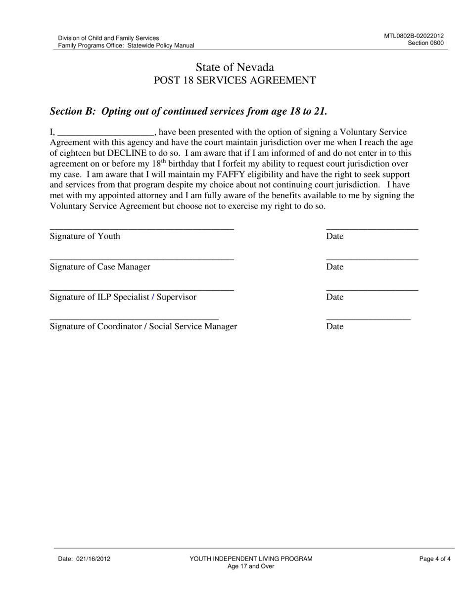 Form Fpo0802 B Download Fillable Pdf Or Fill Online Post 18 Services Agreement Nevada 4457
