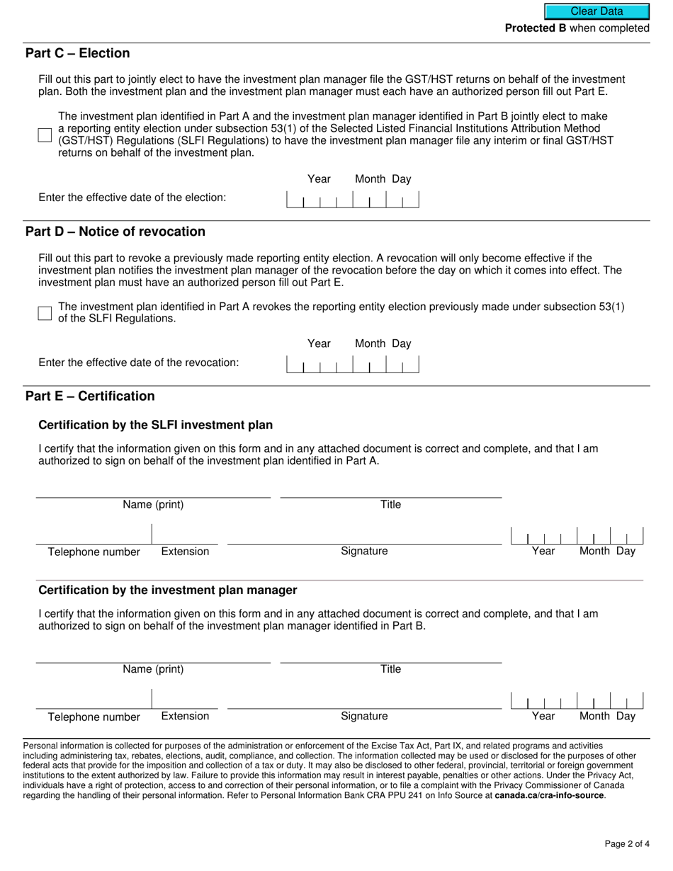 Form RC4601 Gst / Hst Reporting Entity Election or Notice of Revocation for a Selected Listed Financial Institution - Canada, Page 2