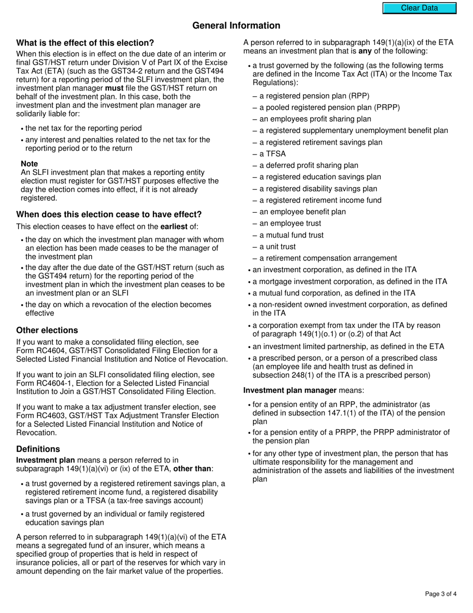 Form RC4601 Gst / Hst Reporting Entity Election or Notice of Revocation for a Selected Listed Financial Institution - Canada, Page 3