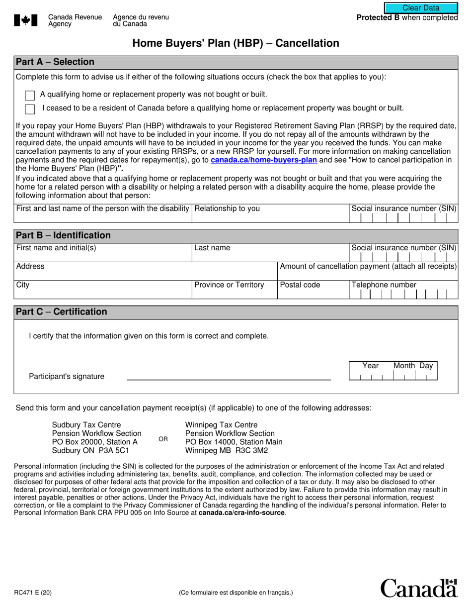Form RC471 Home Buyers Plan (Hbp) - Cancellation - Canada, Page 1