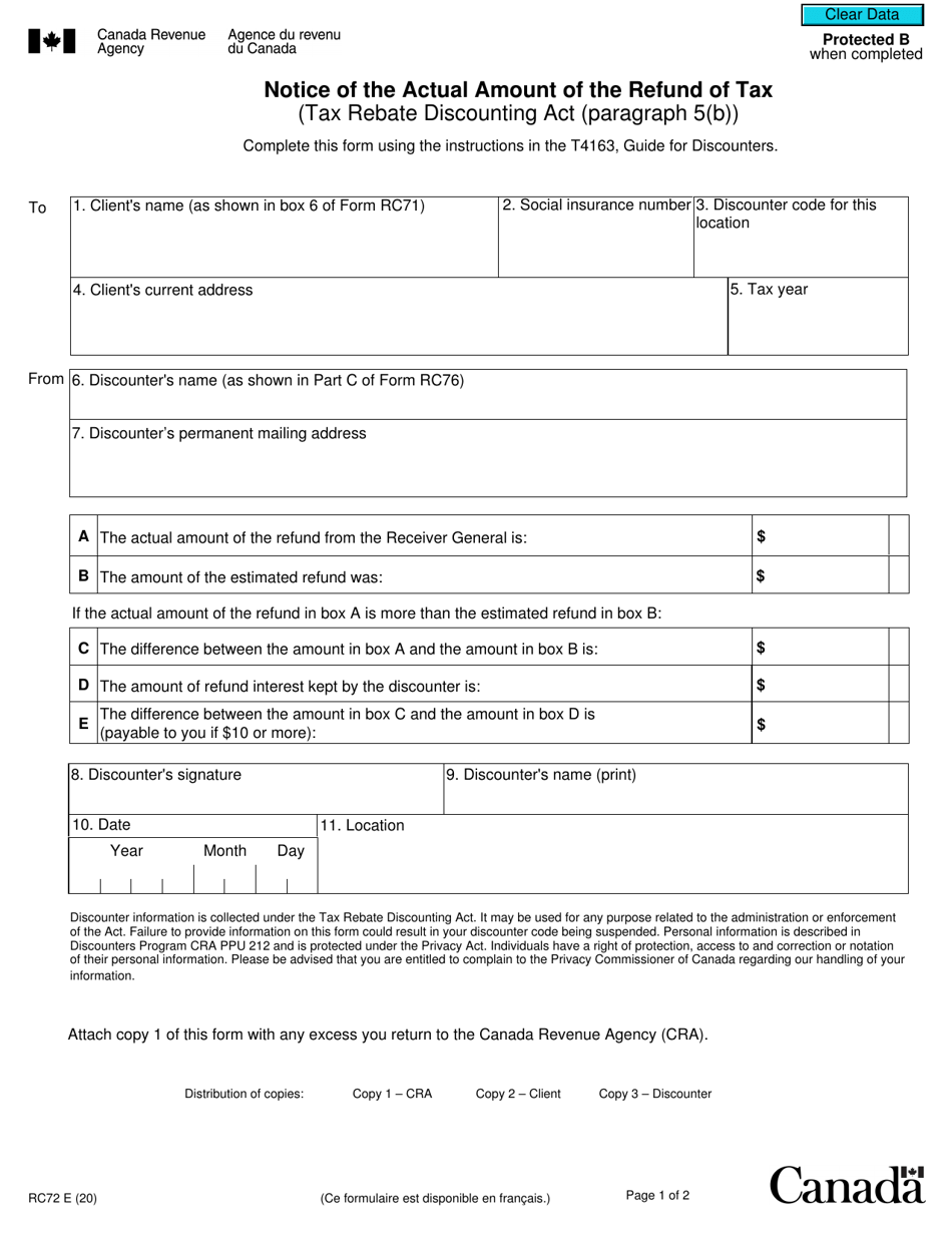 Form RC72 Notice of the Actual Amount of the Refund of Tax - Canada, Page 1