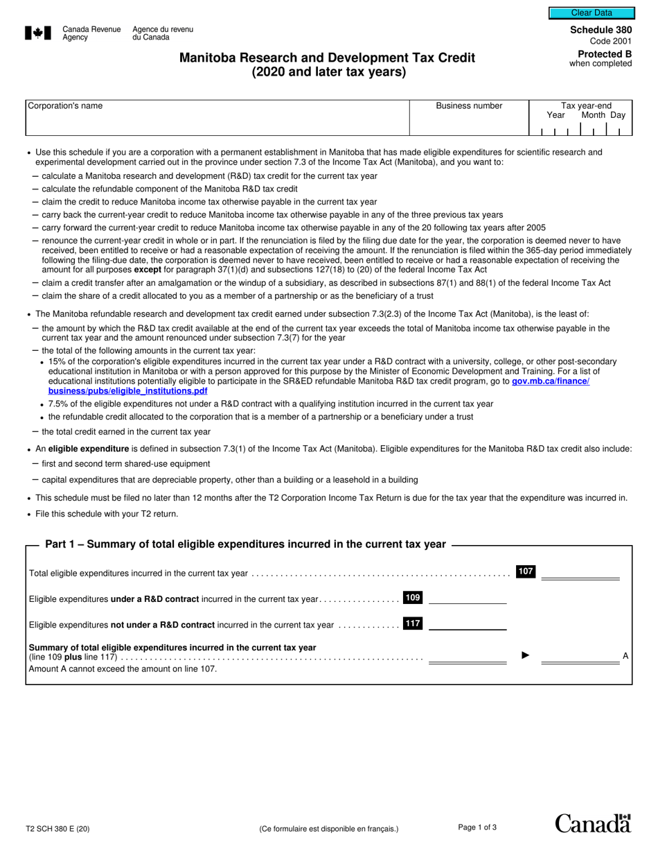 Form T2 Schedule 380 Manitoba Research and Development Tax Credit (2020 and Later Tax Years) - Canada, Page 1
