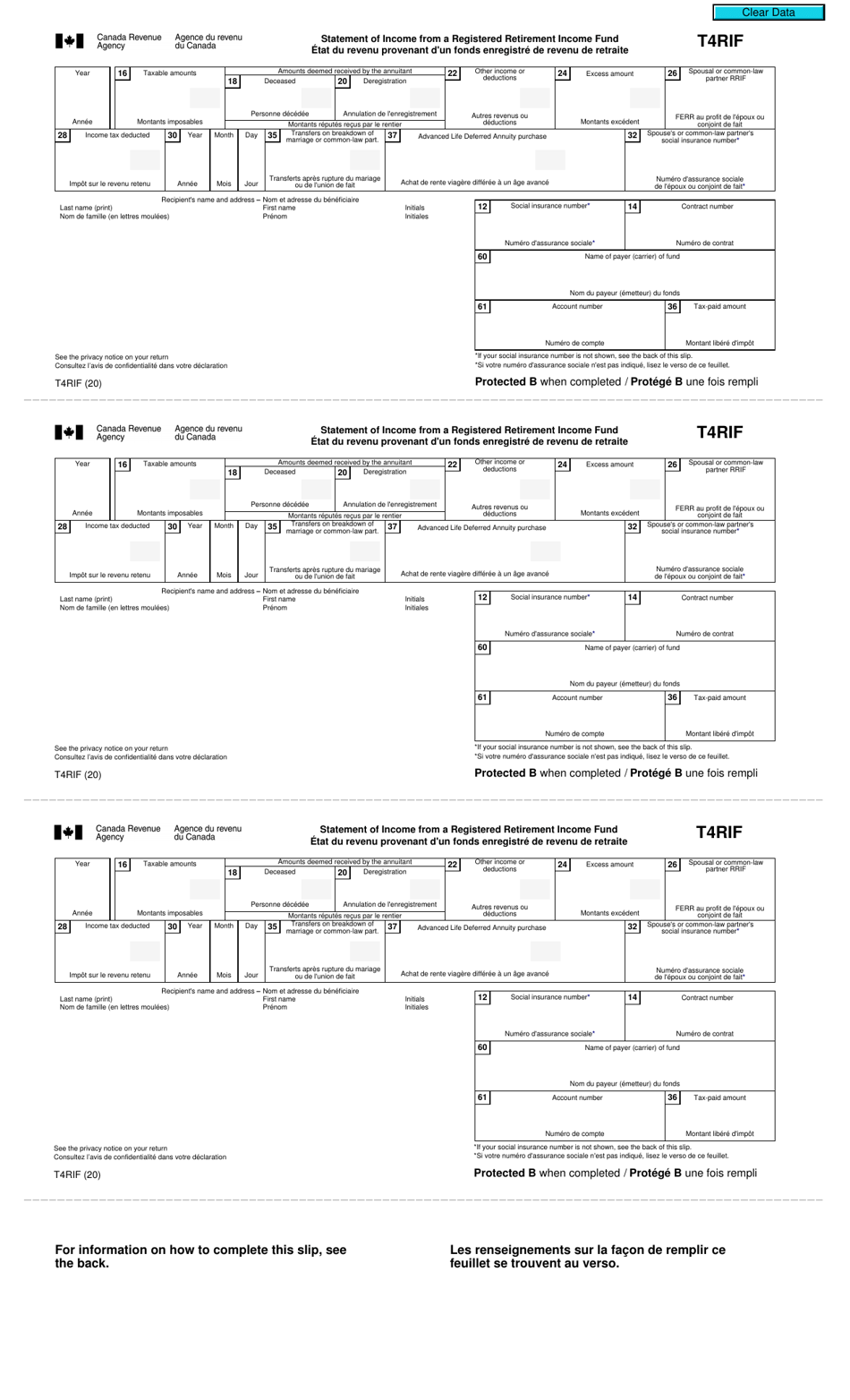 Form T4RIF Statement of Income From a Registered Retirement Income Fund - Canada (English / French), Page 1