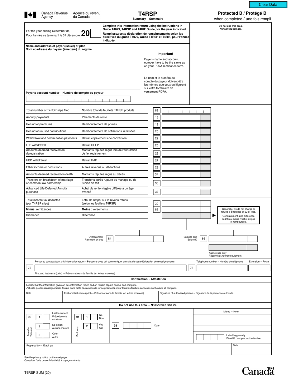 Form T4RSPSUM T4rsp Summary - Canada (English / French), Page 1