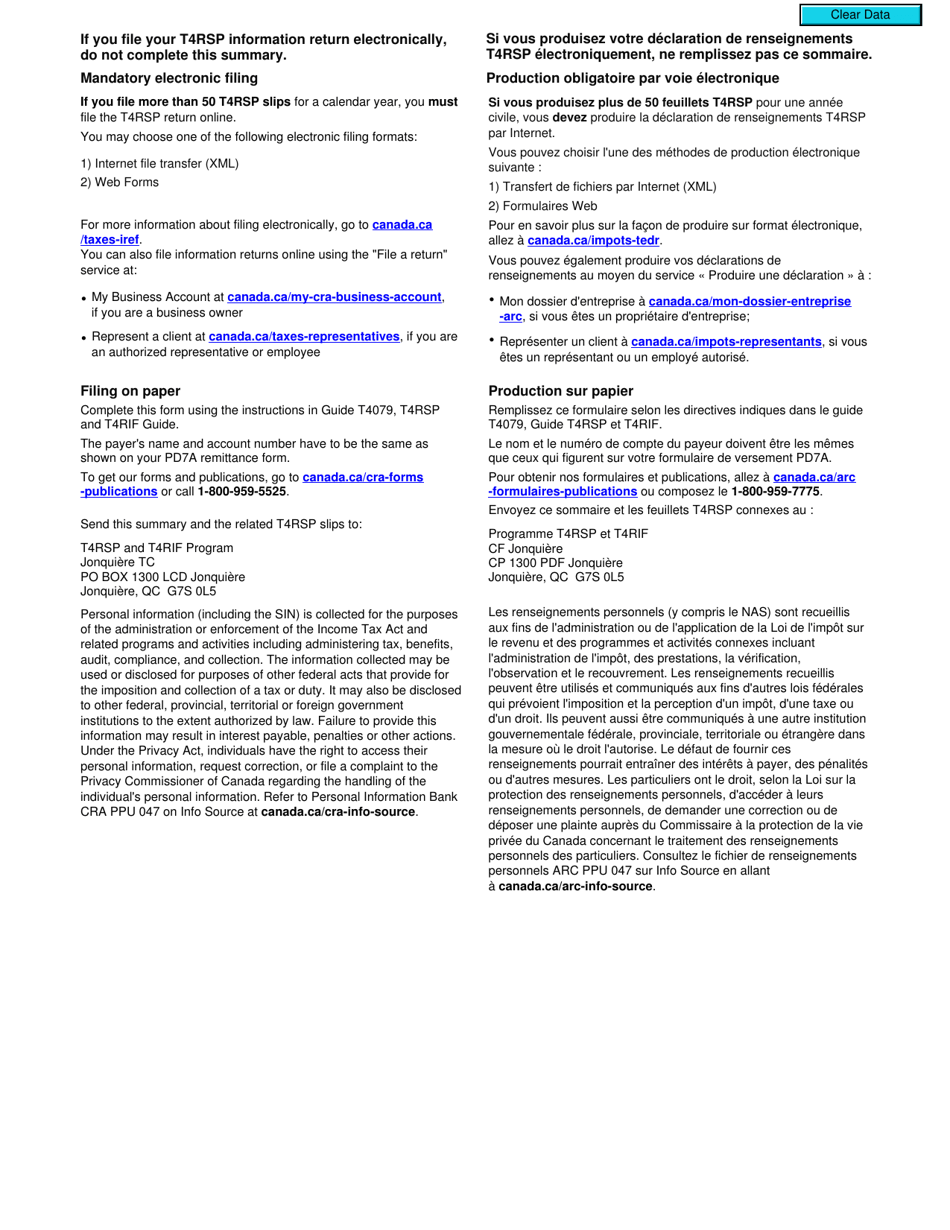 Form T4RSPSUM Download Fillable PDF or Fill Online T4rsp Summary ...