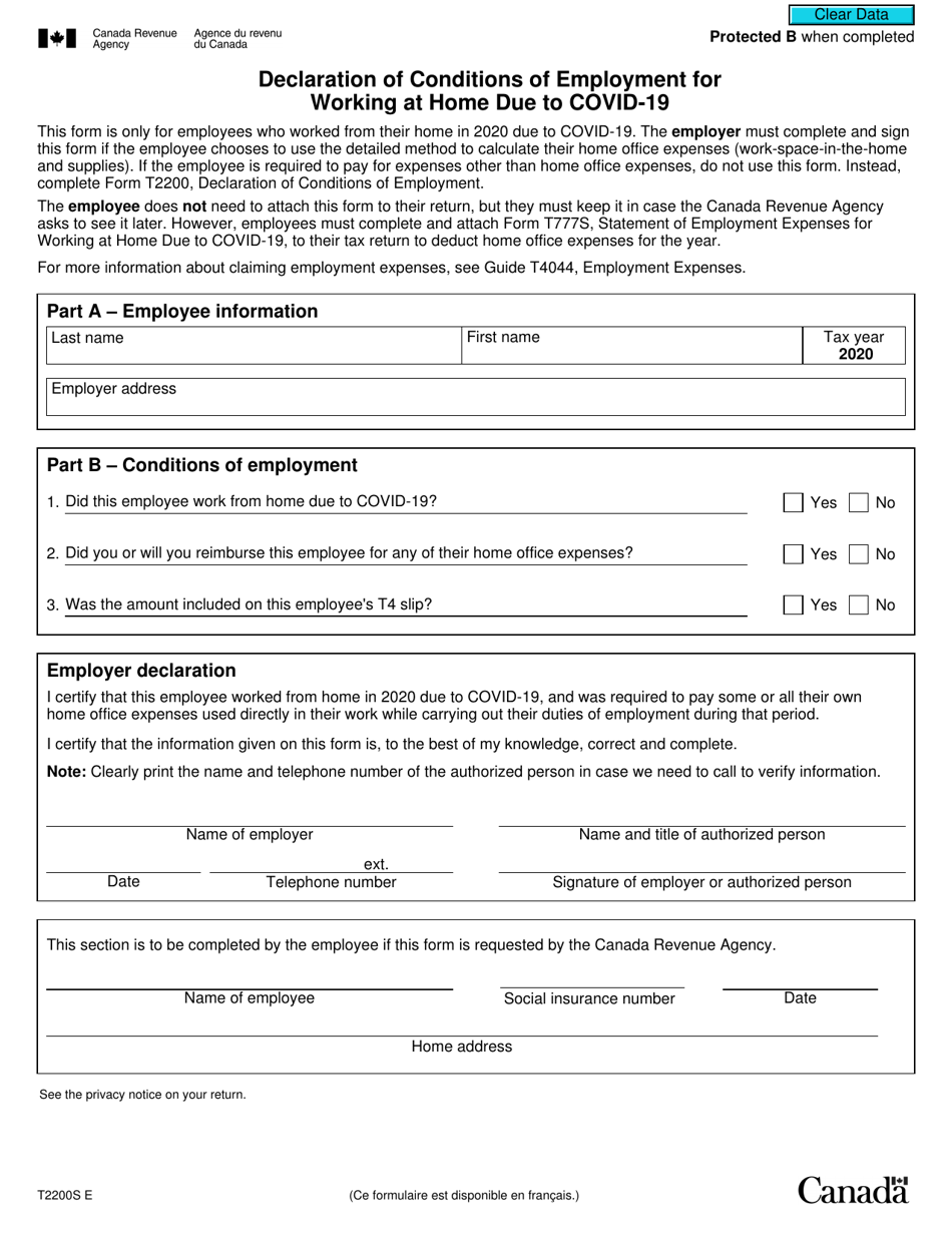 Form T2200S Declaration of Conditions of Employment for Working at Home Due to Covid-19 - Canada, Page 1