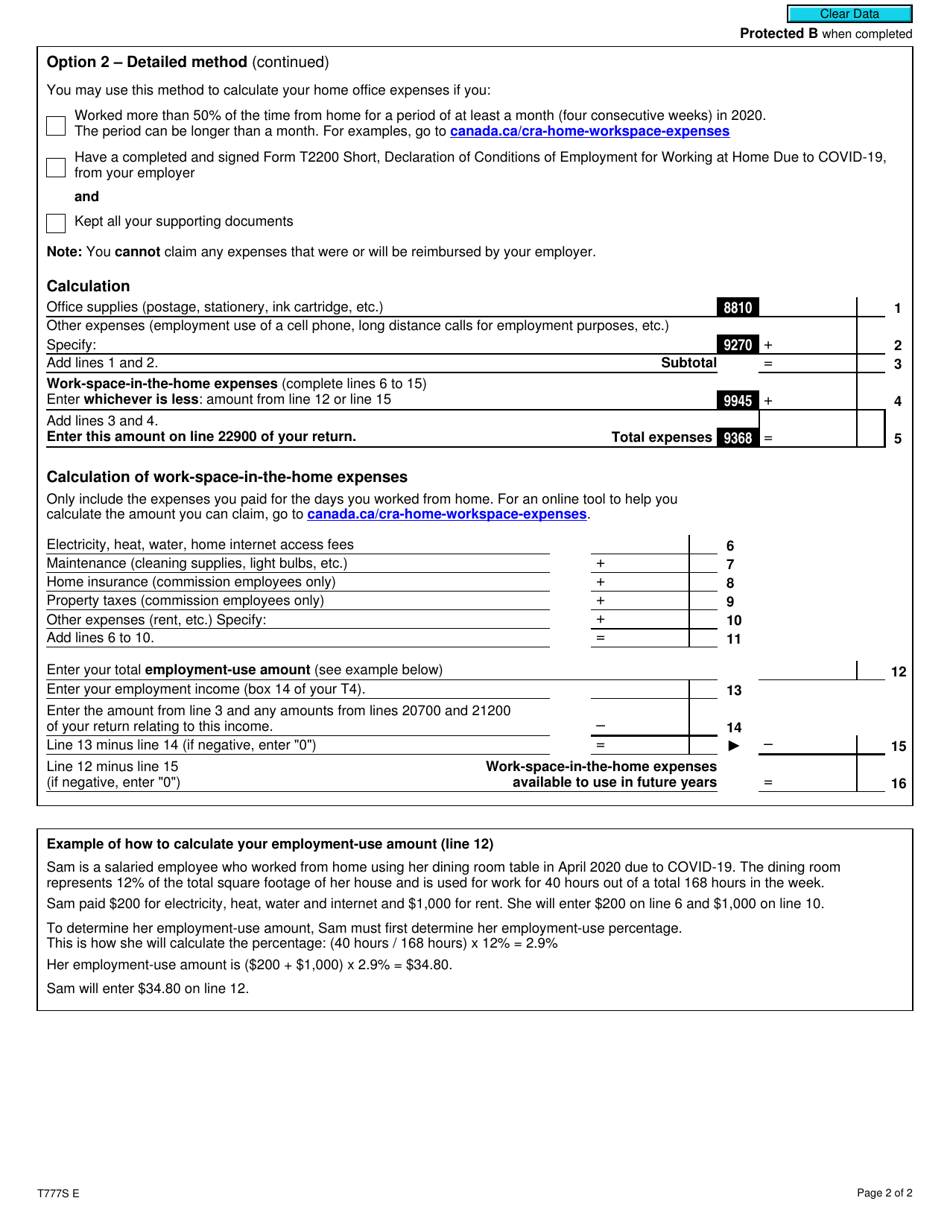 Form T777S Statement of Employment Expenses for Working at Home Due to Covid-19 - Canada, Page 2