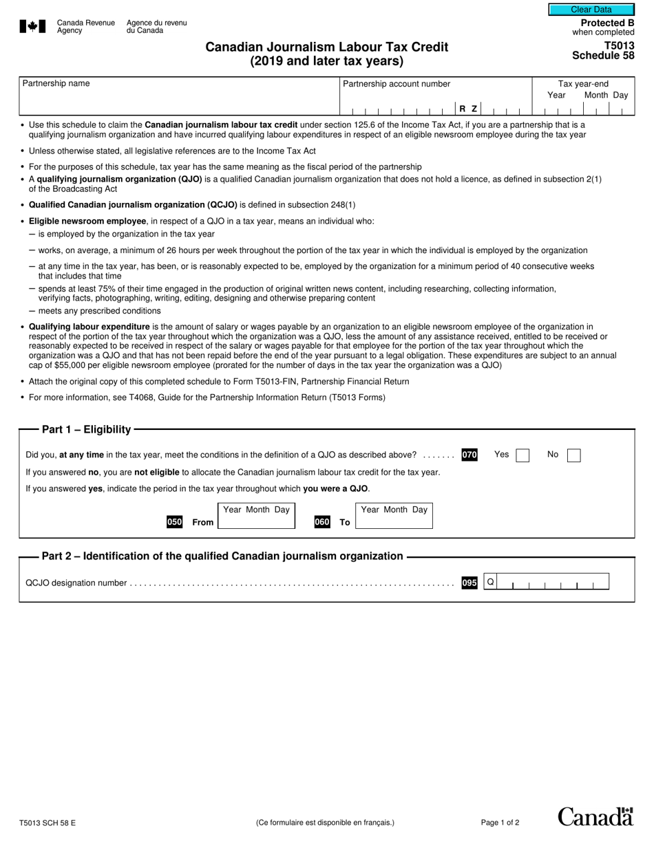 Form T5013 Schedule 58 Canadian Journalism Labour Tax Credit (2019 and Later Tax Years) - Canada, Page 1