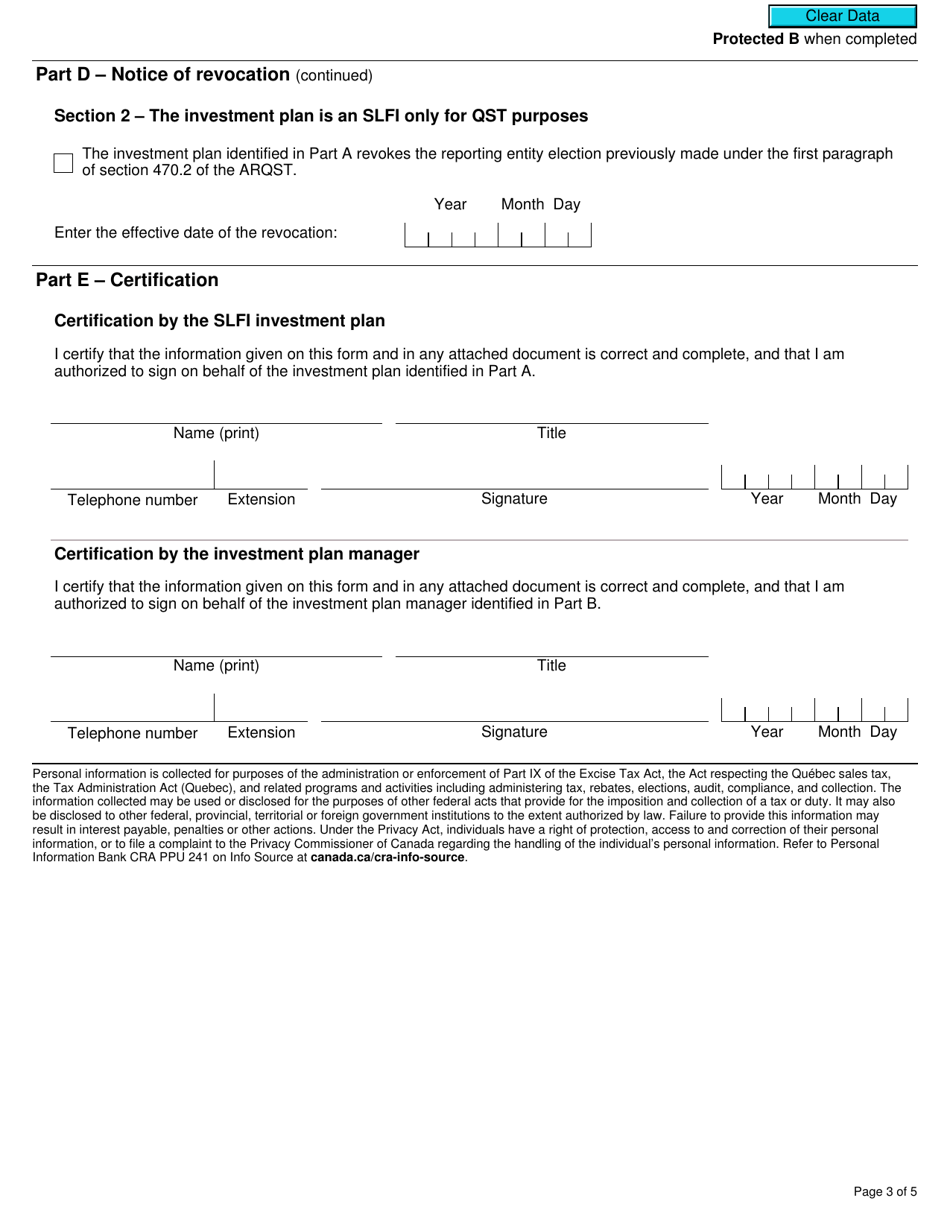 Form RC7201 Reporting Entity Election or Notice of Revocation for a Selected Listed Financial Institution for Gst / Hst and Qst Purposes or Only for Qst Purposes - Canada, Page 3