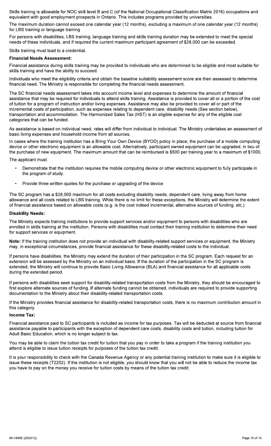 Form 89-1889E Second Career (Sc) Application for Financial Assistance - Ontario, Canada, Page 10