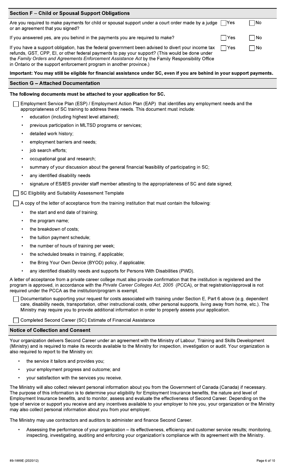Form 89-1889E Second Career (Sc) Application for Financial Assistance - Ontario, Canada, Page 6