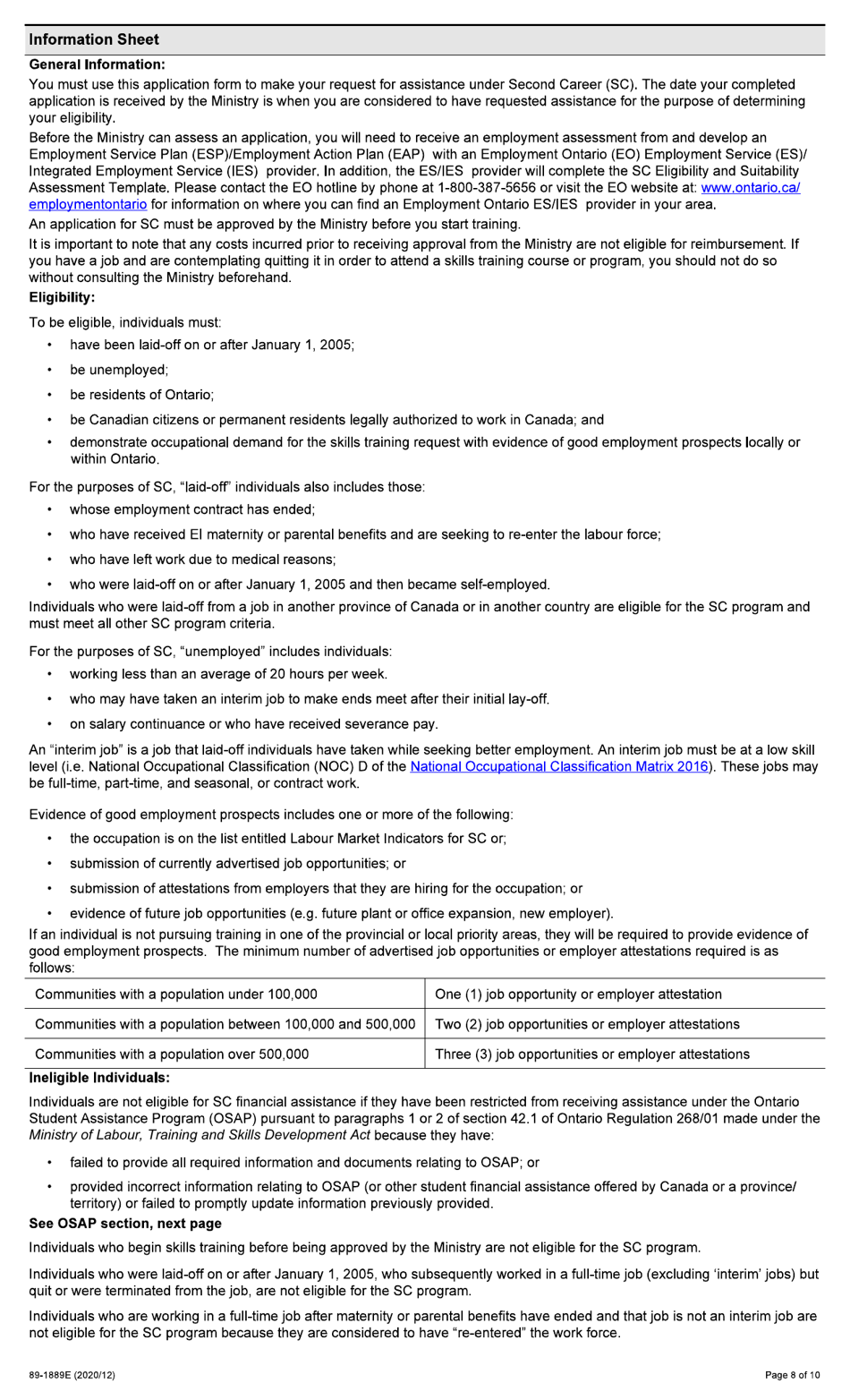 Form 89-1889E Second Career (Sc) Application for Financial Assistance - Ontario, Canada, Page 8