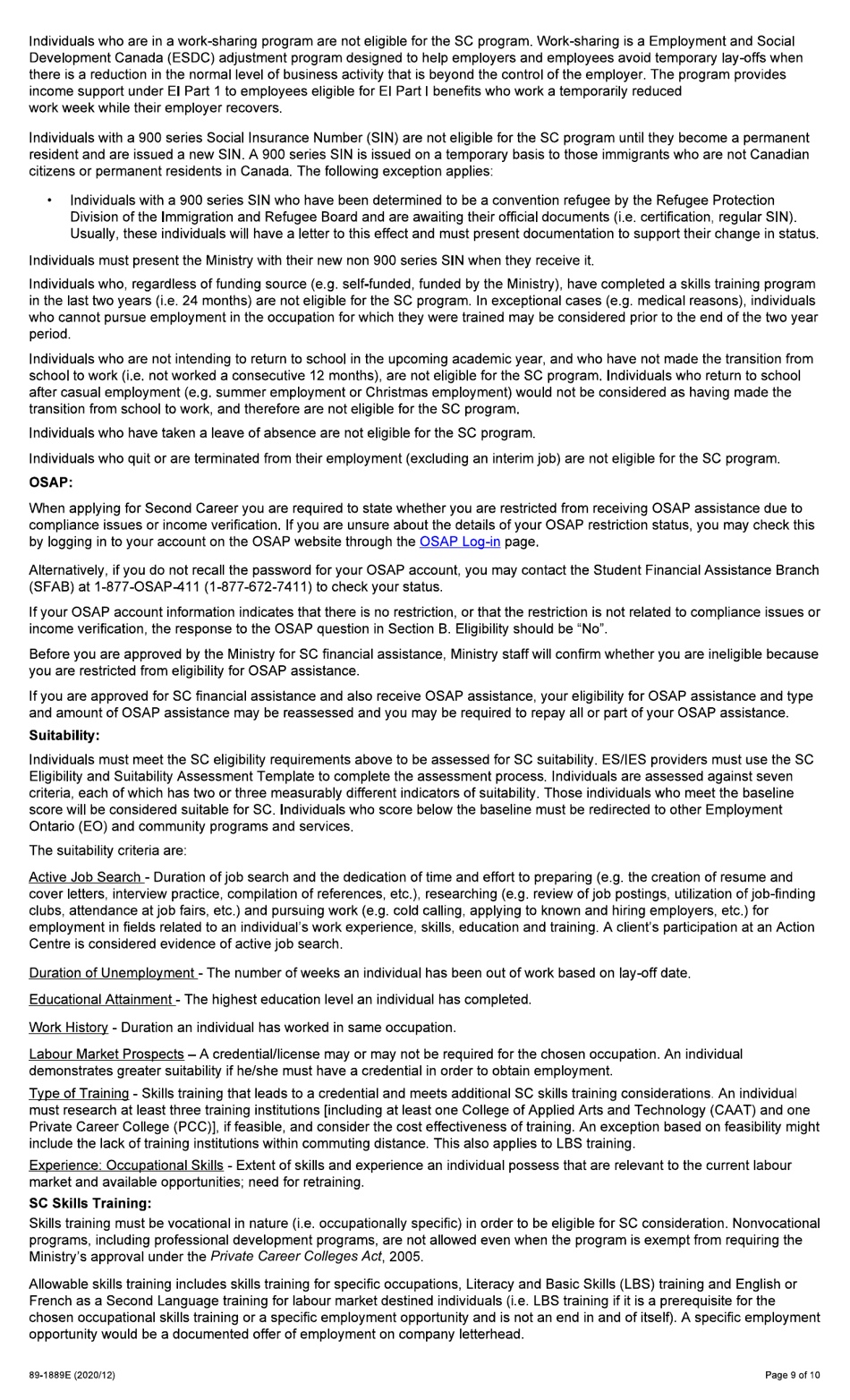 Form 89-1889E Second Career (Sc) Application for Financial Assistance - Ontario, Canada, Page 9