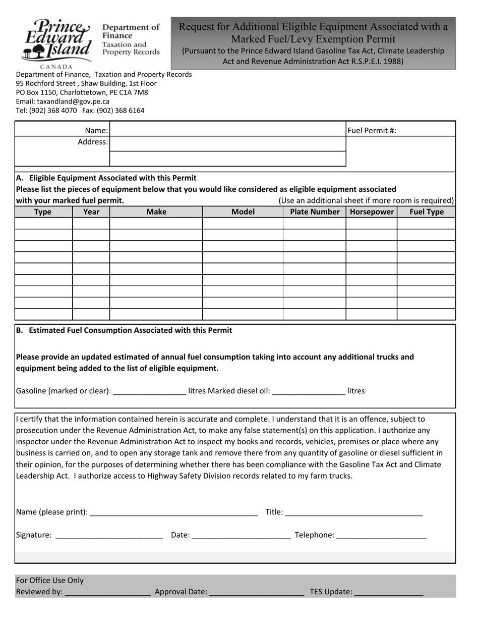 Request for Additional Eligible Equipment Associated With a Marked Fuel / Levy Exemption Permit - Prince Edward Island, Canada, Page 1