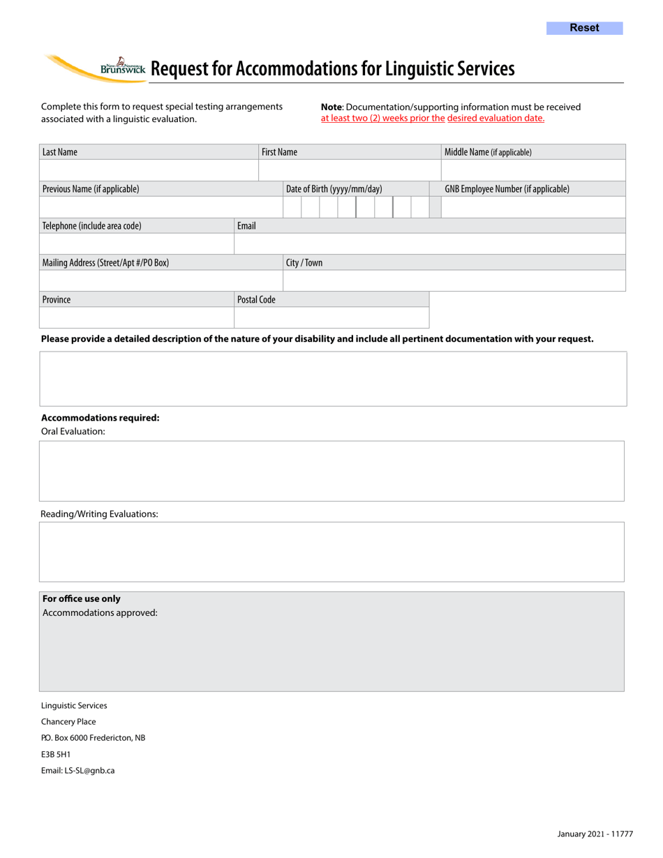 Form 11777 Request for Accommodations for Linguistic Services - New Brunswick, Canada, Page 1