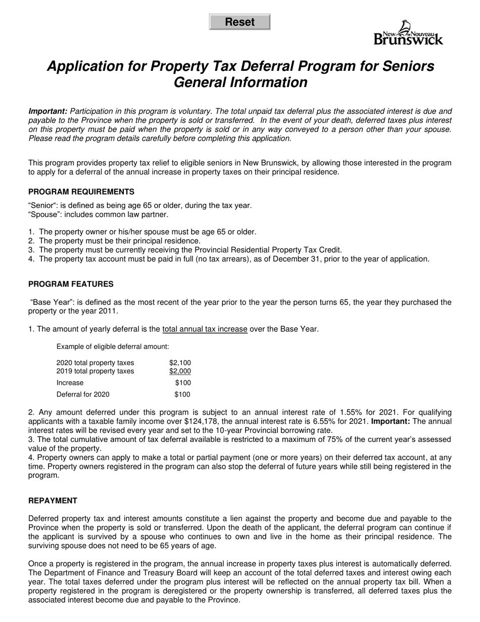 Application / Declaration for Property Tax Deferral Program for Seniors - New Brunswick, Canada, Page 1