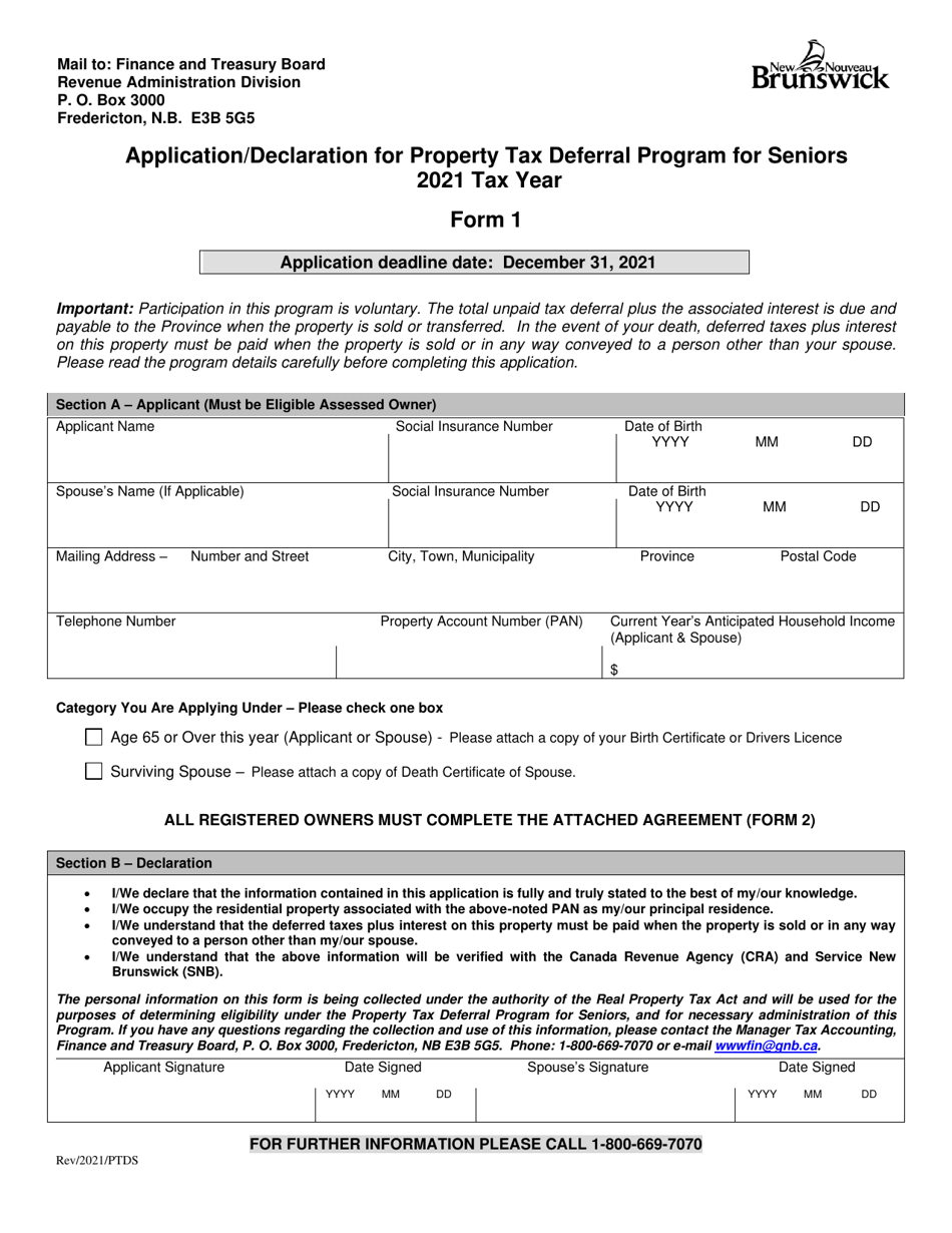 2021 New Brunswick Canada Applicationdeclaration For Property Tax Deferral Program For Seniors 0868