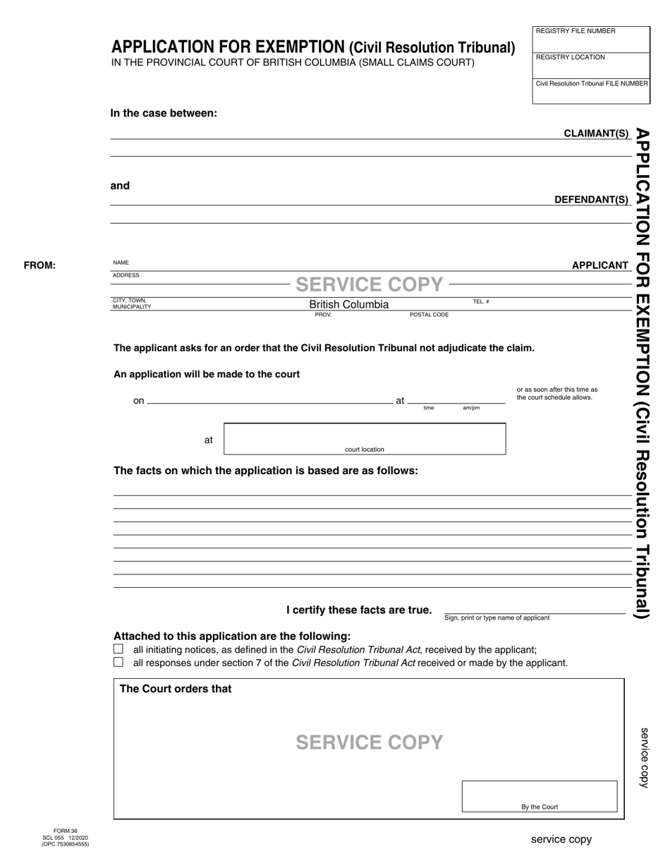 SCR Form 36 (SCL055) Application for Exemption (Civil Resolution Tribunal) - British Columbia, Canada, Page 3