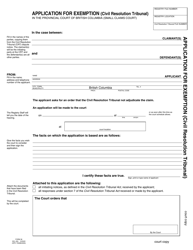 Document preview: SCR Form 36 (SCL055) Application for Exemption (Civil Resolution Tribunal) - British Columbia, Canada