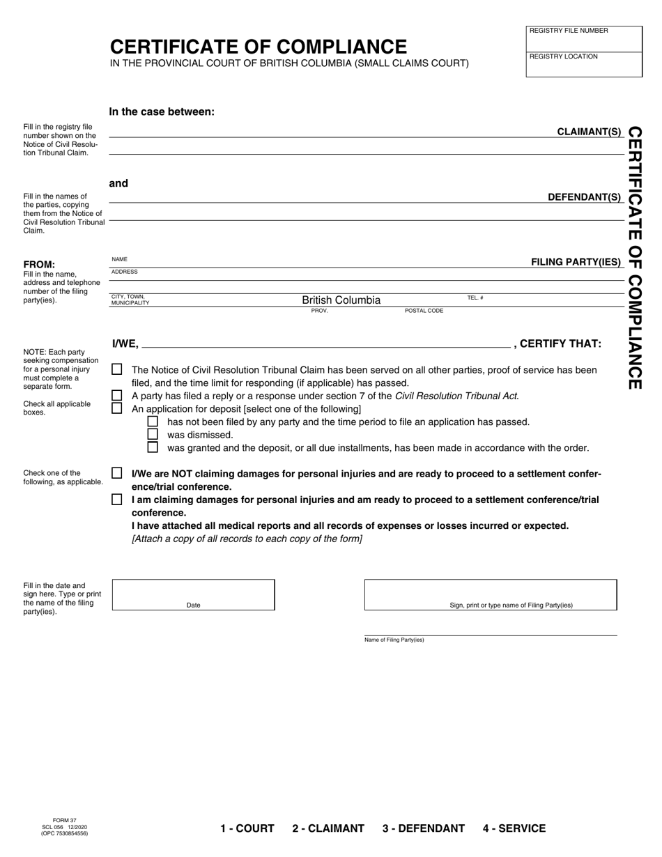 SCR Form 37 (SCL056) Certificate of Compliance - British Columbia, Canada, Page 1
