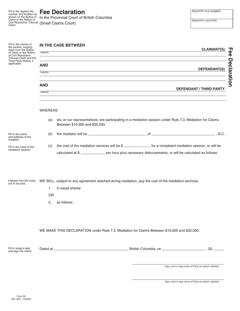SCR Form 30 (SCL833) Fee Declaration - British Columbia, Canada, Page 1