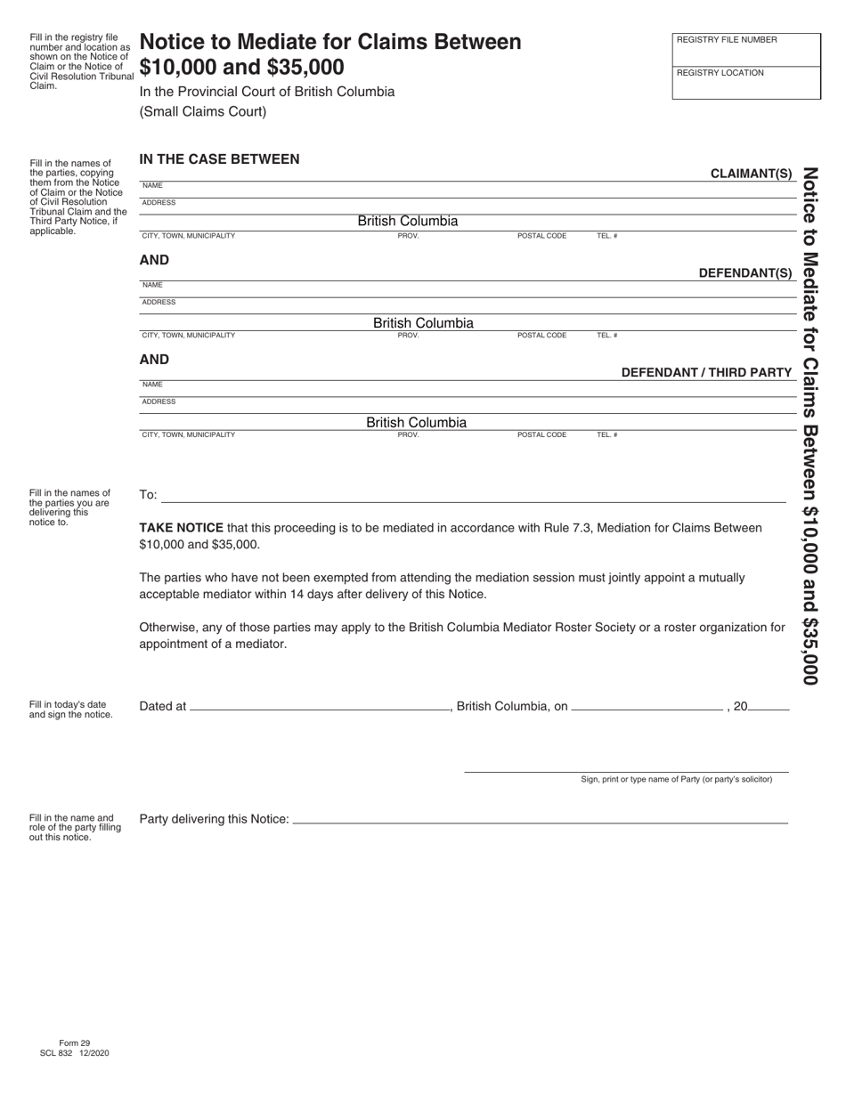 SCR Form 29 (SCL832) Notice to Mediate for Claims Between $10,000 and $35,000 - British Columbia, Canada, Page 1