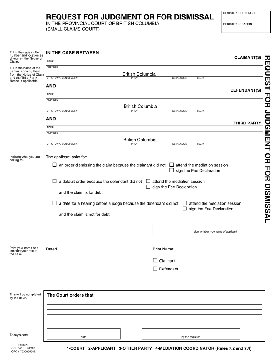 SCR Form 23 (SCL042) Request for Judgment or for Dismissal - British Columbia, Canada, Page 1