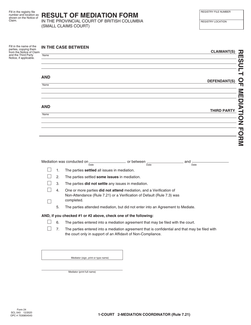 SCR Form 24 (SCL043) Result of Mediation Form - British Columbia, Canada, Page 1