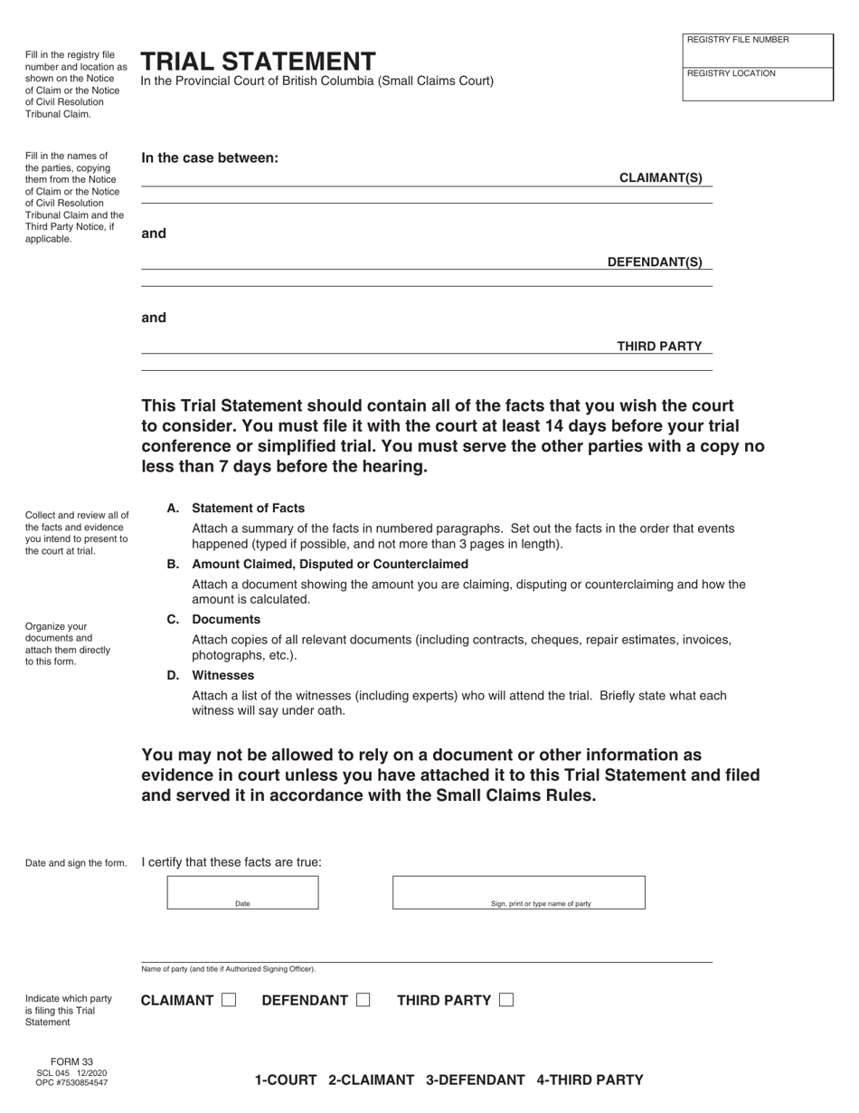 SCR Form 33 (SCL045) Trial Statement - British Columbia, Canada, Page 1
