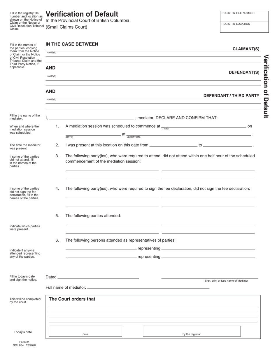 SCR Form 31 (SCL834) Verification of Default - British Columbia, Canada, Page 1
